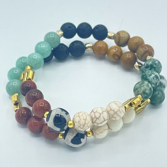 Desert cowgirl beaded stretch bracelet ONE NEW sandstone lava amazonite wood gra - Picture 2 of 6